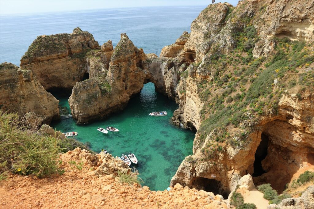 Ponta da Piedade dramatic rock formations and turquoise water in Lagos Algarve Portugal