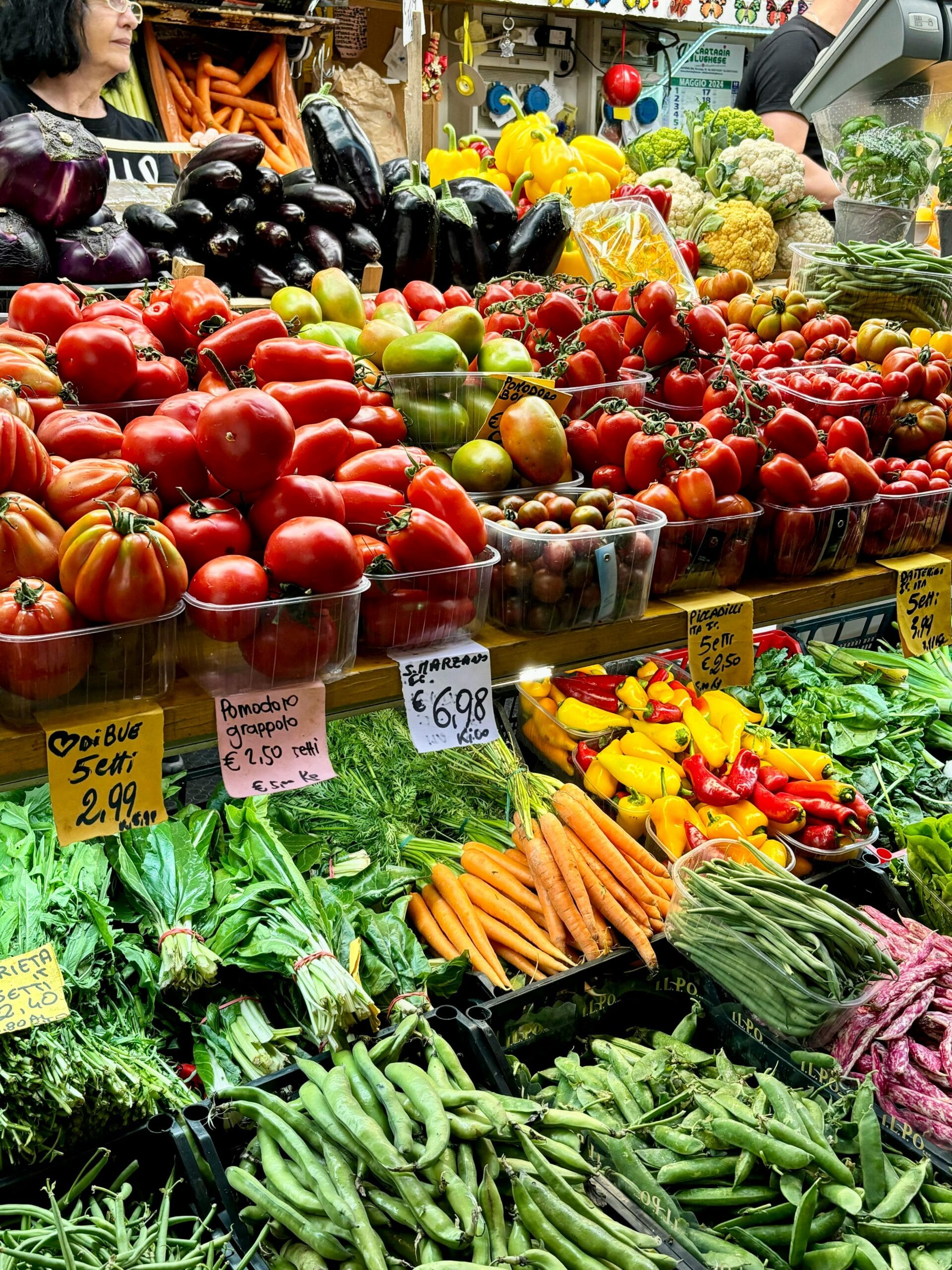 Fresh produce at market in Bologna.